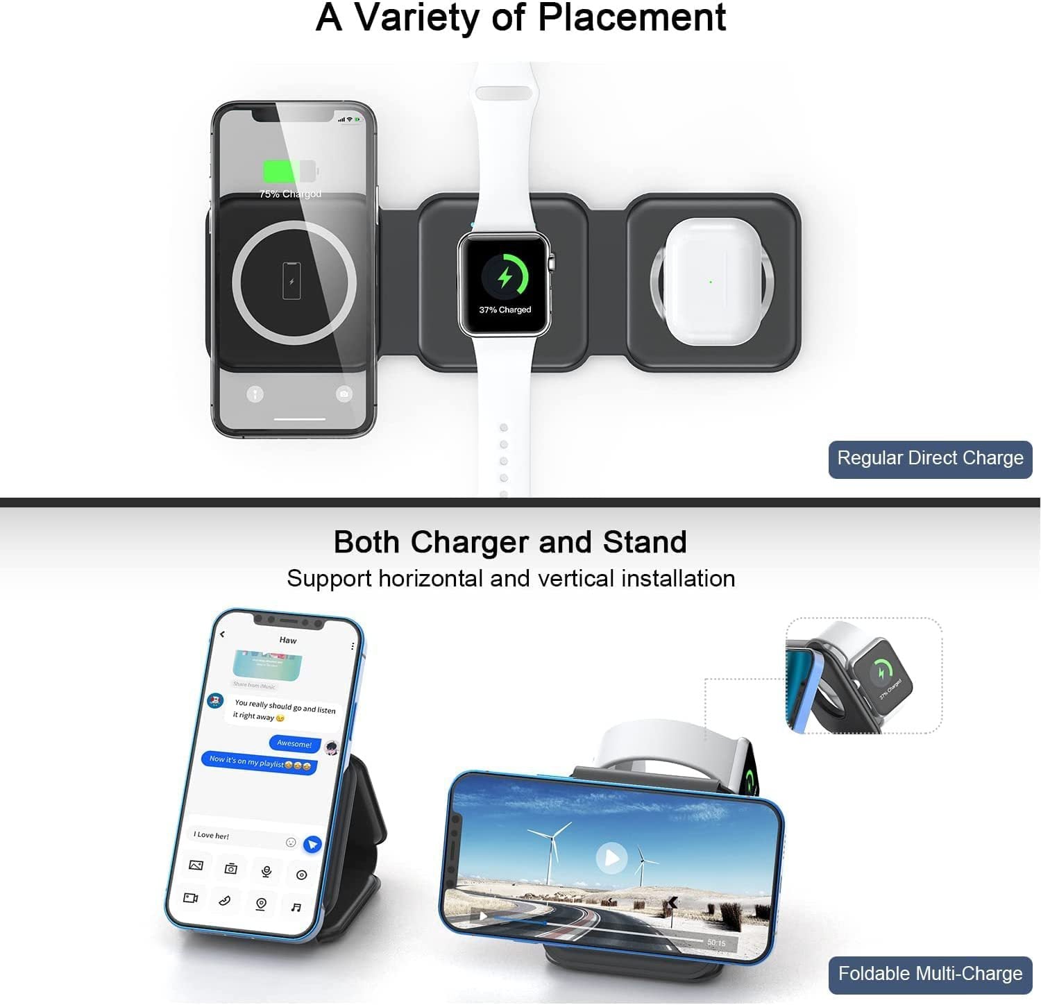 Wireless Charger Stand, 3 in 1 Fast Wireless Charging Station Dock